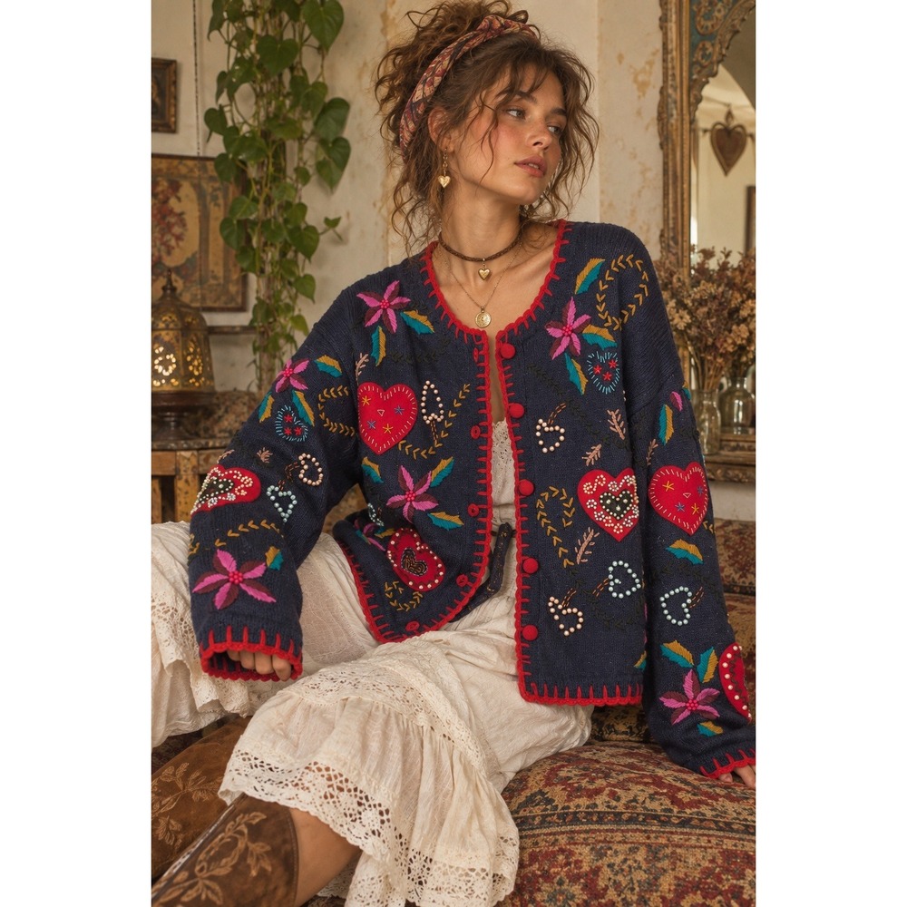 VTG 90s Jodi Blake Cardigan M Navy Blue Beaded Heart Floral Boho Folk Whimsical